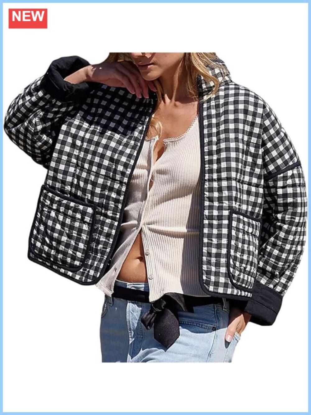 Women's Loose Fit Quilted Cropped Puffer Jacket with Contrast Trim and Floral